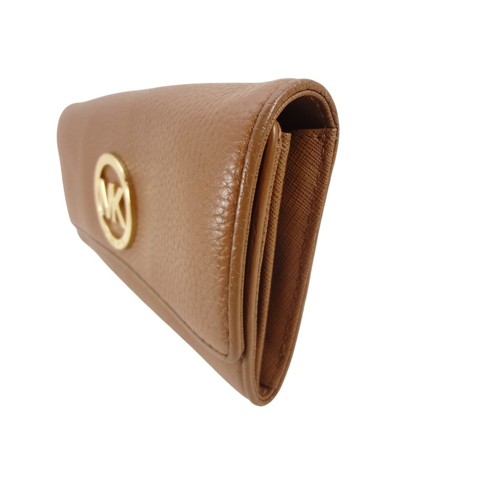 Michael Kors Fulton Flap Wallet Luggage Brown Pebbled Leather Gold MK Logo - Picture 2 of 7